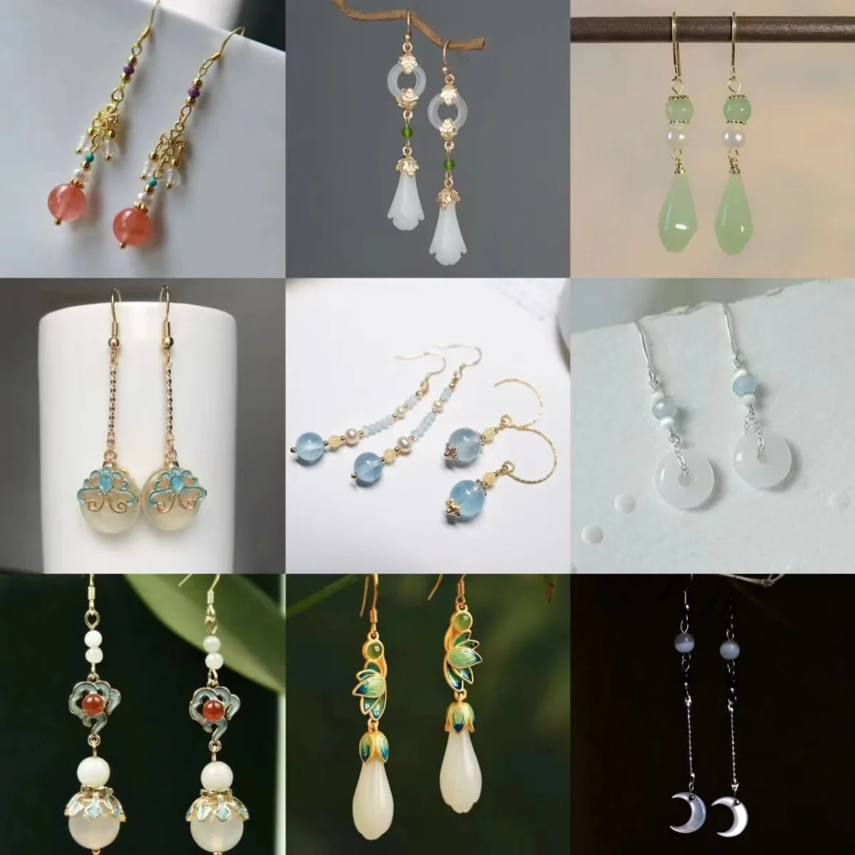 Ethnic Chinese Colorful Jade Pendant Earrings for Women Retro Palace Design Lovely Small Jewelry Creative Ear Clip Hanfu Gifts