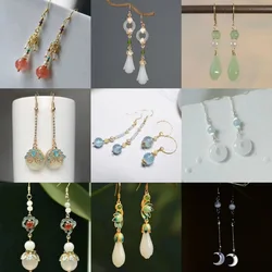 Ethnic Chinese Colorful Jade Pendant Earrings for Women Retro Palace Design Lovely Small Jewelry Creative Ear Clip Hanfu Gifts