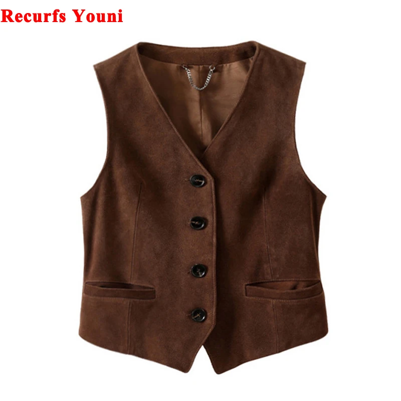 Nubuck Suede Top Clothing for Women Genuine Leather Vest Casual Short Style Retro British V-neck Layered Wearing Chaleco Mujer