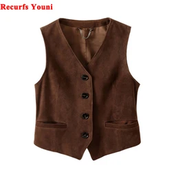 Nubuck Suede Top Clothing for Women Genuine Leather Vest Casual Short Style Retro British V-neck Layered Wearing Chaleco Mujer