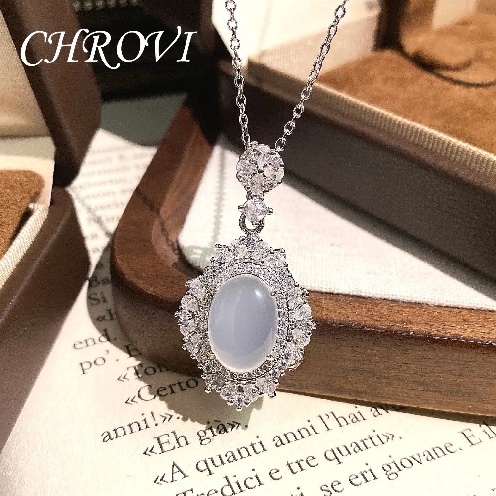 Luxuriöse Halskette aus 925er Sterlingsilber mit weißem Chalcedon-Cabochon für Damen, elegante Achat-Schlüsselbeinkette – Detail 2