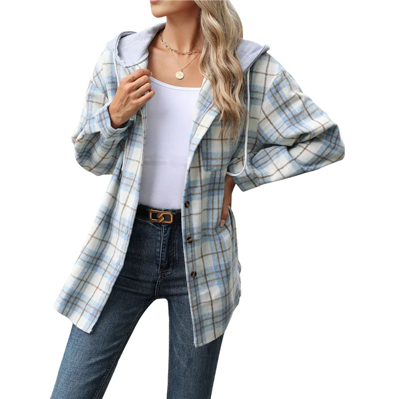 

ABRT-Женская клетчатая куртка с капюшоном и длинными рукавами, повседневная осенняя рубашка на пуговицах и шнурке с карманами