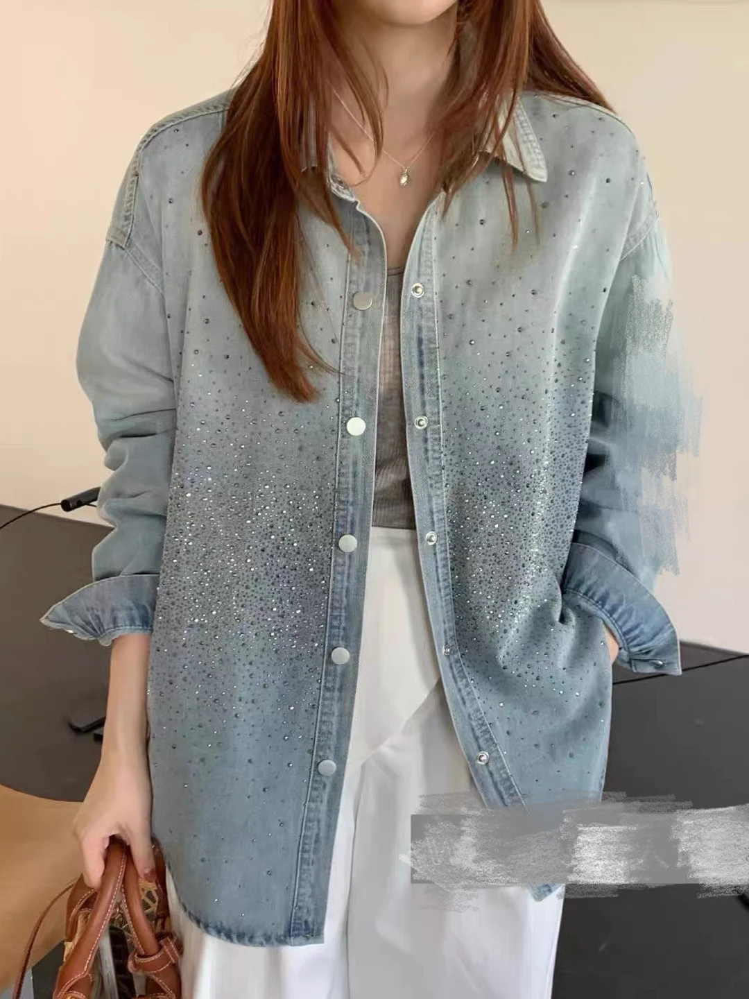 

Casual Washed Vintage Denim Slimming Women's Shirt Spring 2026 Brand Tag Removed Glittering Diamond Detail Loose Fit Long Sle...