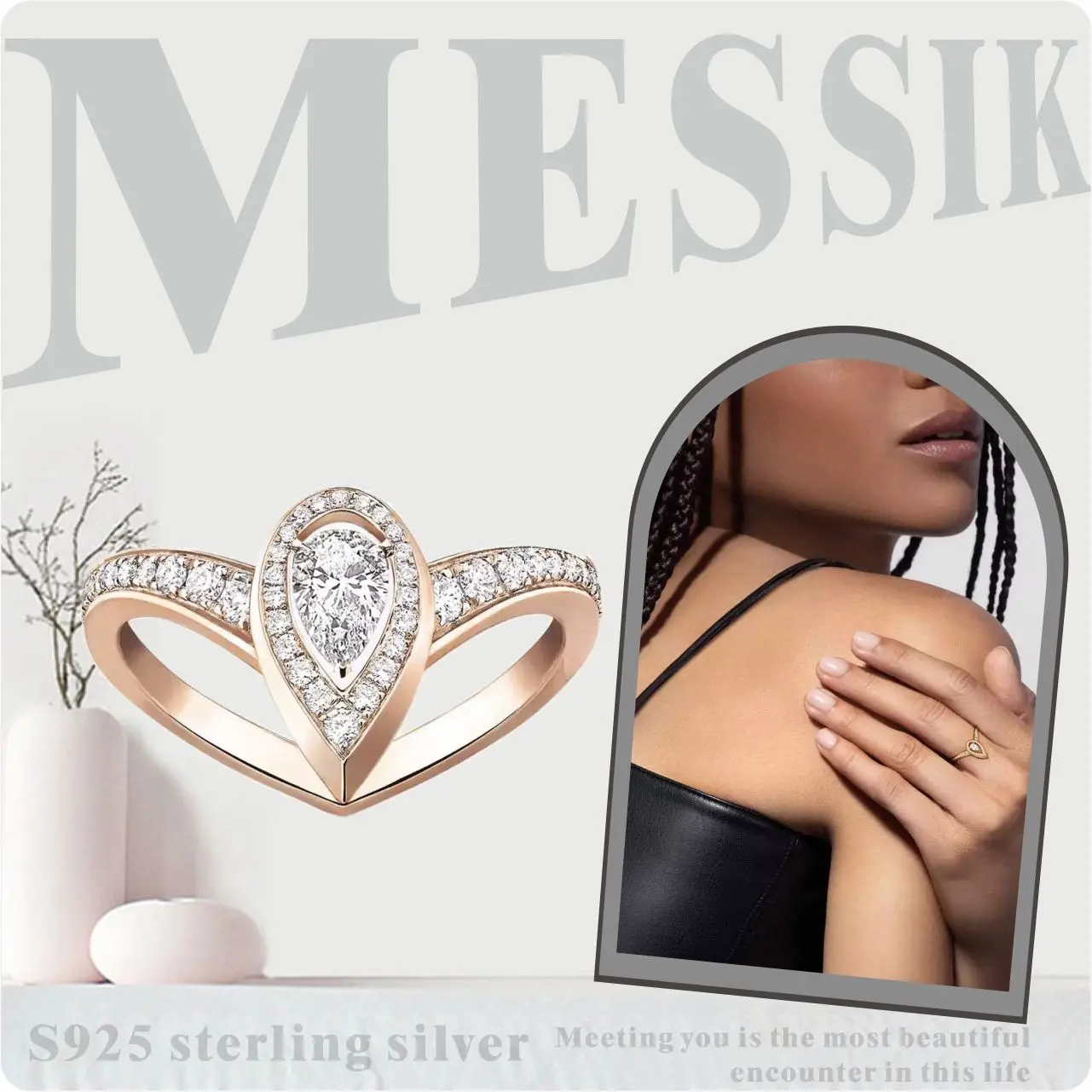 

Messik Sterling Silver S925 Drop Diamond Ring FIERY Collection Vintage fashion trend pavé diamond ring