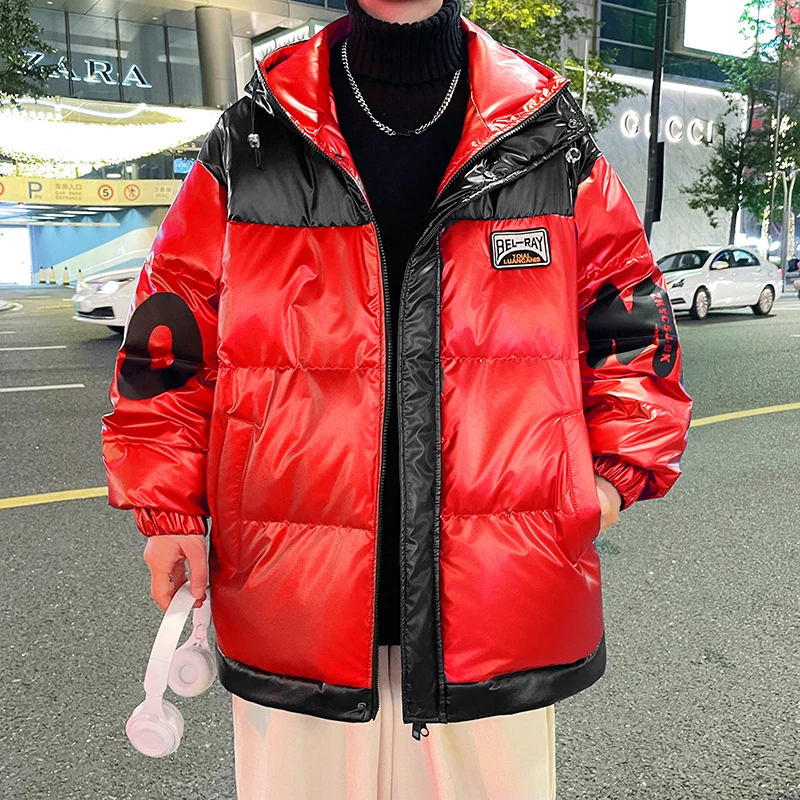 Fashion Men's Warm Hooded Bright Cotton-Padded Jacket Winter Casual Thick Shiny Down Coat Streetwear Waterproof&Windproof Parkas