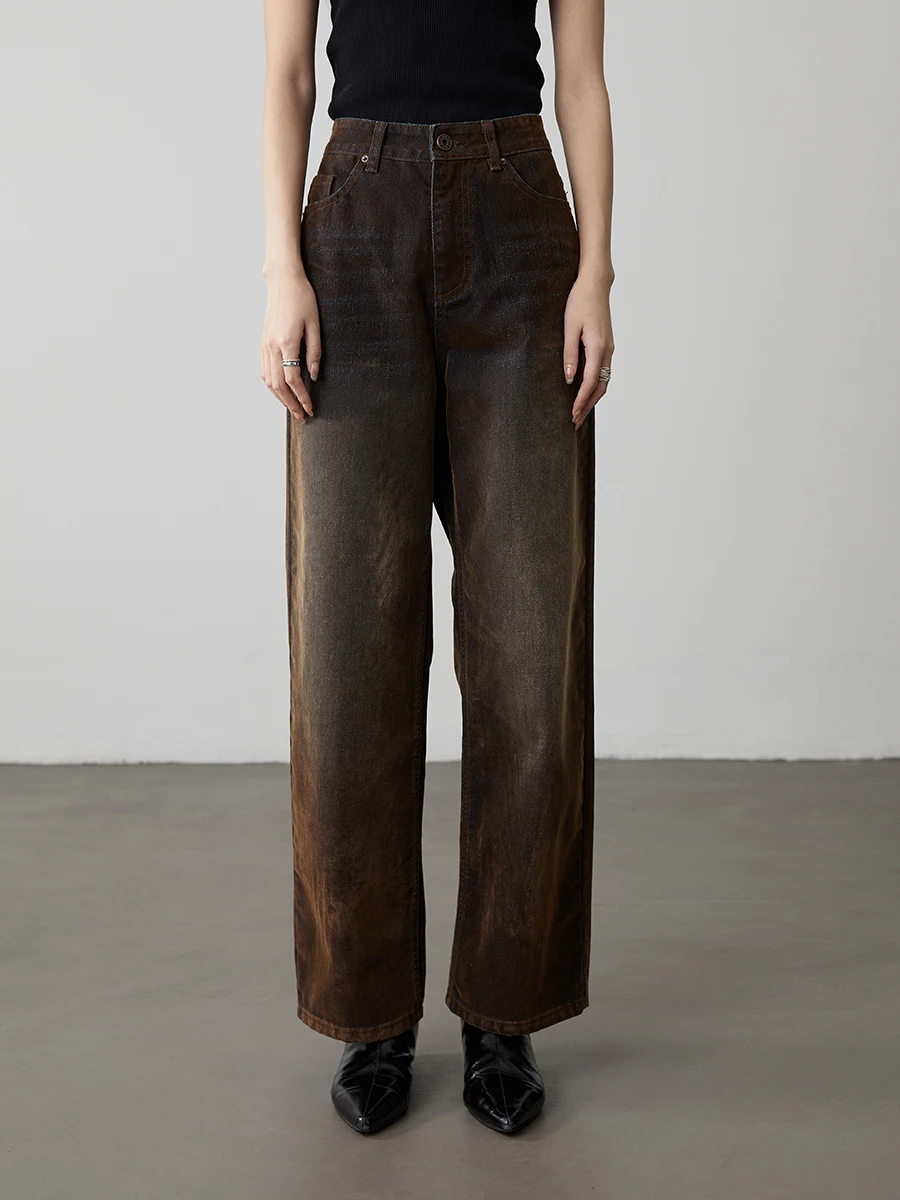 

CAREMIND коричневые тяжелые винтажные джинсы Du с высокой талией, утягивающие прямые брюки для женщин, осенний сезон