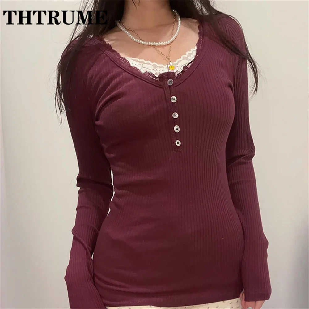 Autumn Long Sleeve Red T-Shirts Fashion Women Slim Ribbed Retro V-Neck Vintage Crop Tops Casual Communte Button Chic Lace Tees