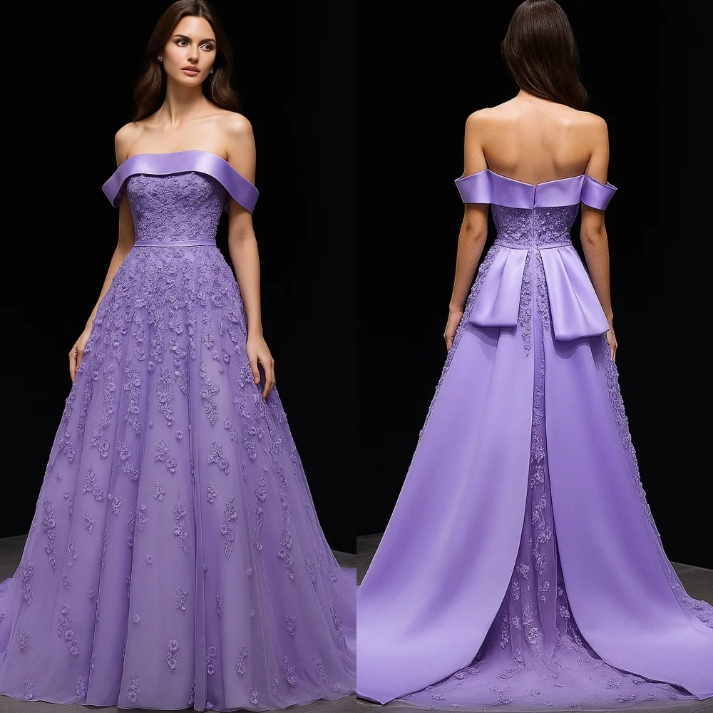 

Customized High Quality Net Flower Pleat A-line Off-the-shoulder Long Dresses Bespoke Occasion Intricate