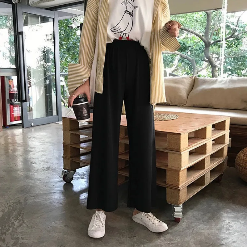 Nine-point Pants Women Autumn Simple OL Chic Elastic High Waist Loose Fit Korean All-match Students Casual Straight Wide-leg