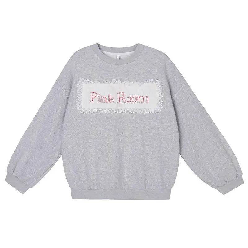 Pullover Sweatshirt Milk Fufu Lace Stitching Letter Print Top 2024 Spring New Style Loose And Versatile Long-Sleeved Sweatshirt