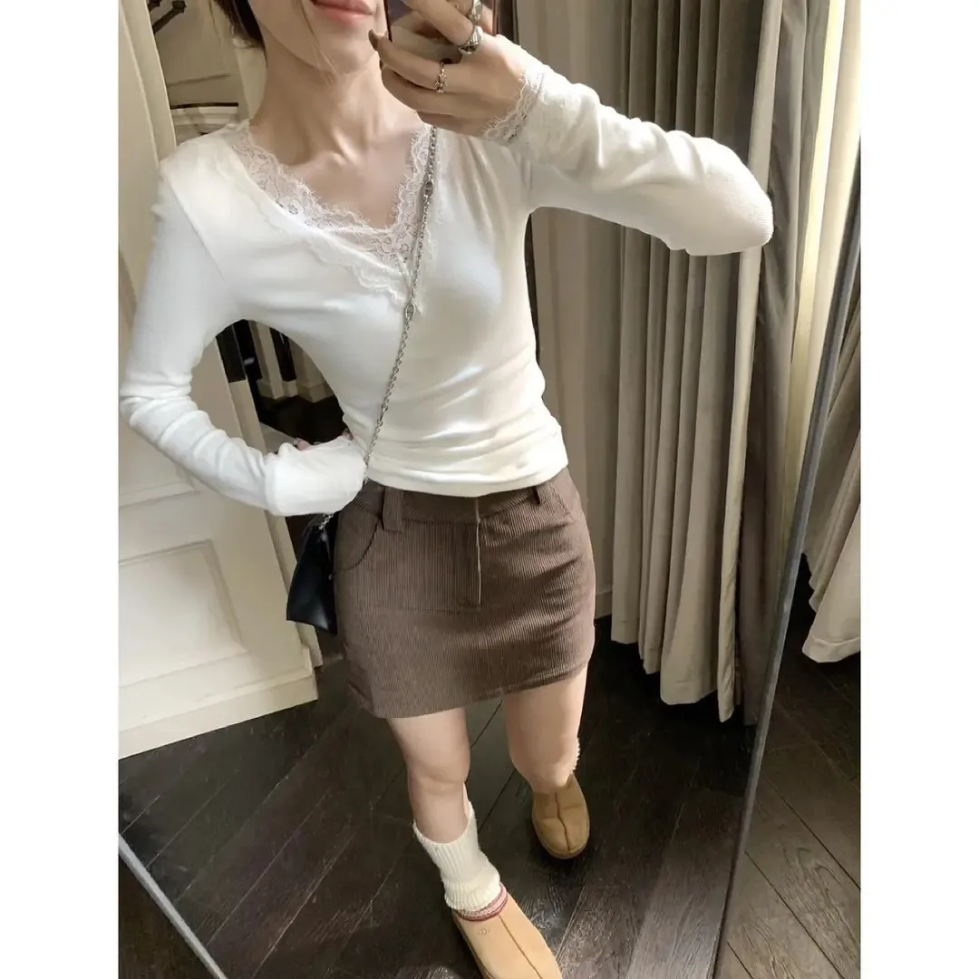 Lace Long Sleeve Kpop T-shirts Women Slim Korean Fashion Y2K Tops Autumn Winter Sexy Tees V-Neck Cheap Clothes Woman Tshirts