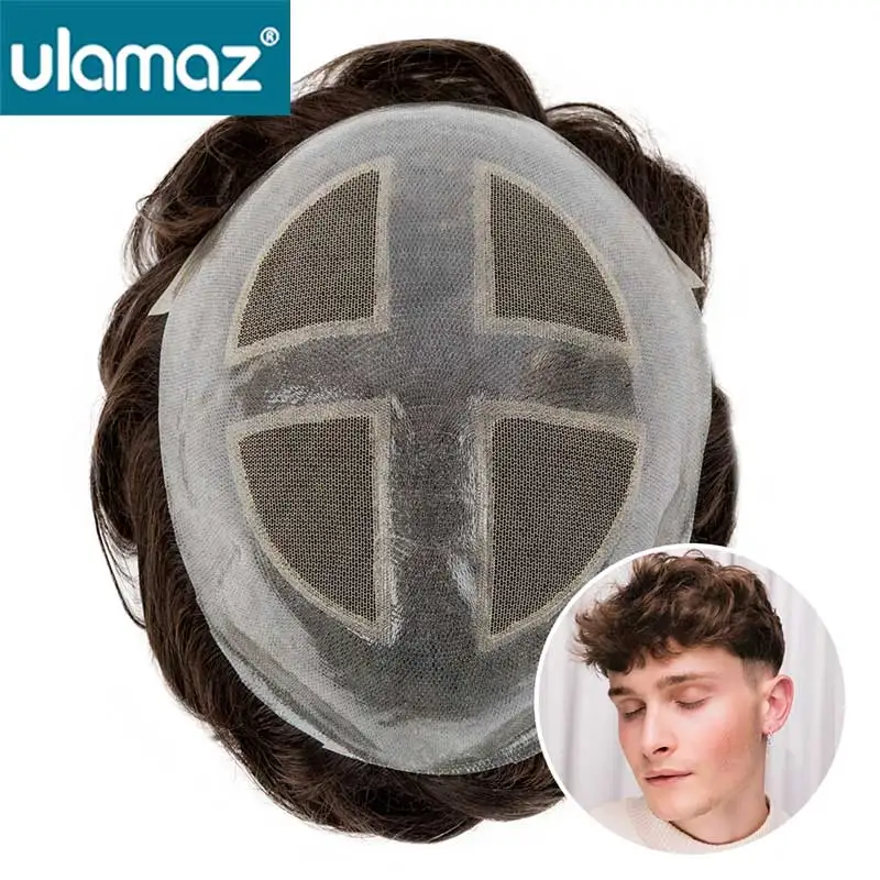 Prótesis capilar de cabello para hombres, tupé de encaje Pu, peluca de encaje francés, piel masculina con nudos dobles, sistema de cabello para hombres