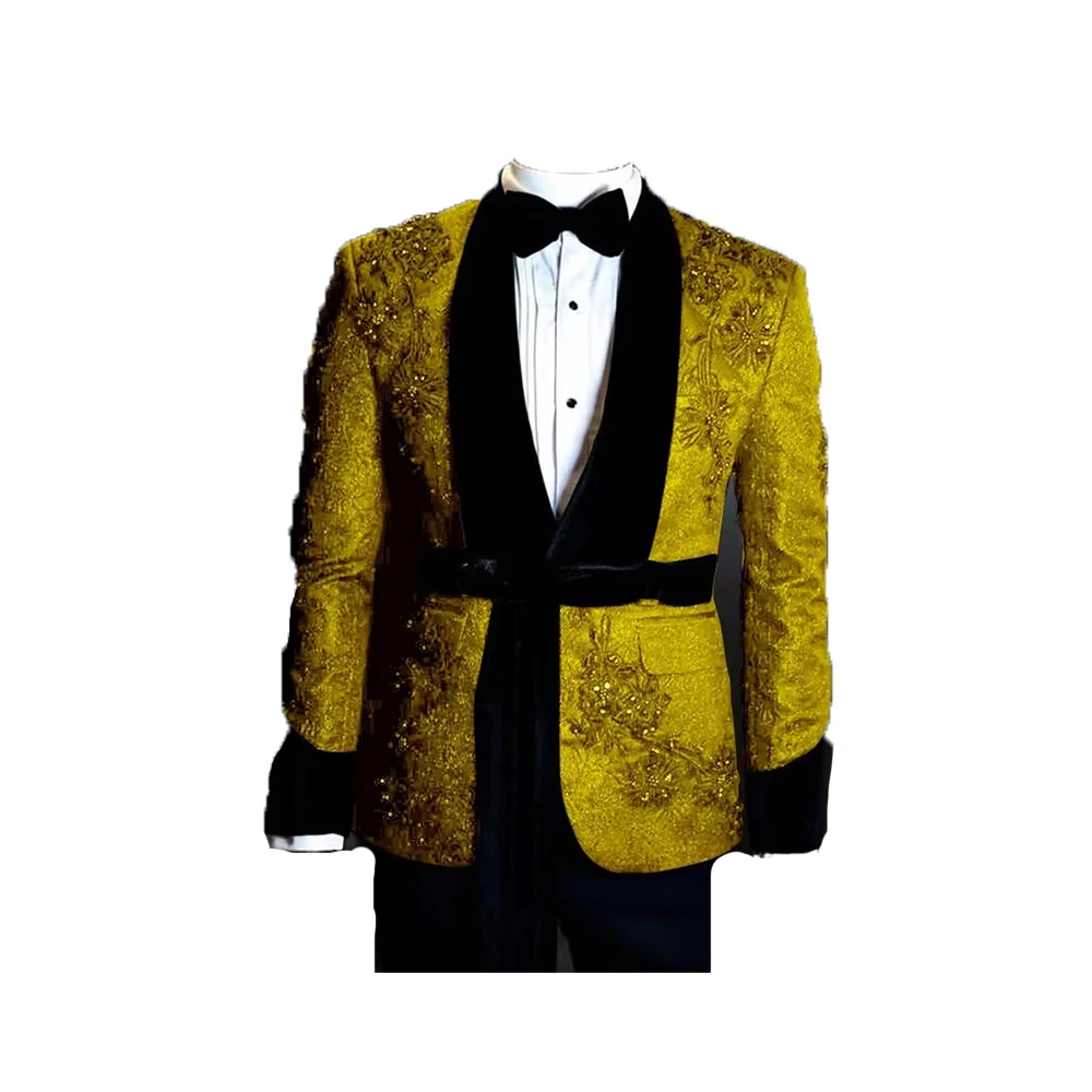 Aangepaste Mannen Pakken Bruiloft Maatwerk Party Tuxedo 2 Stuks Slim Fit Gedrukt Blazer Jas Kristal Bruidegom Prom Zanger Bruidegom