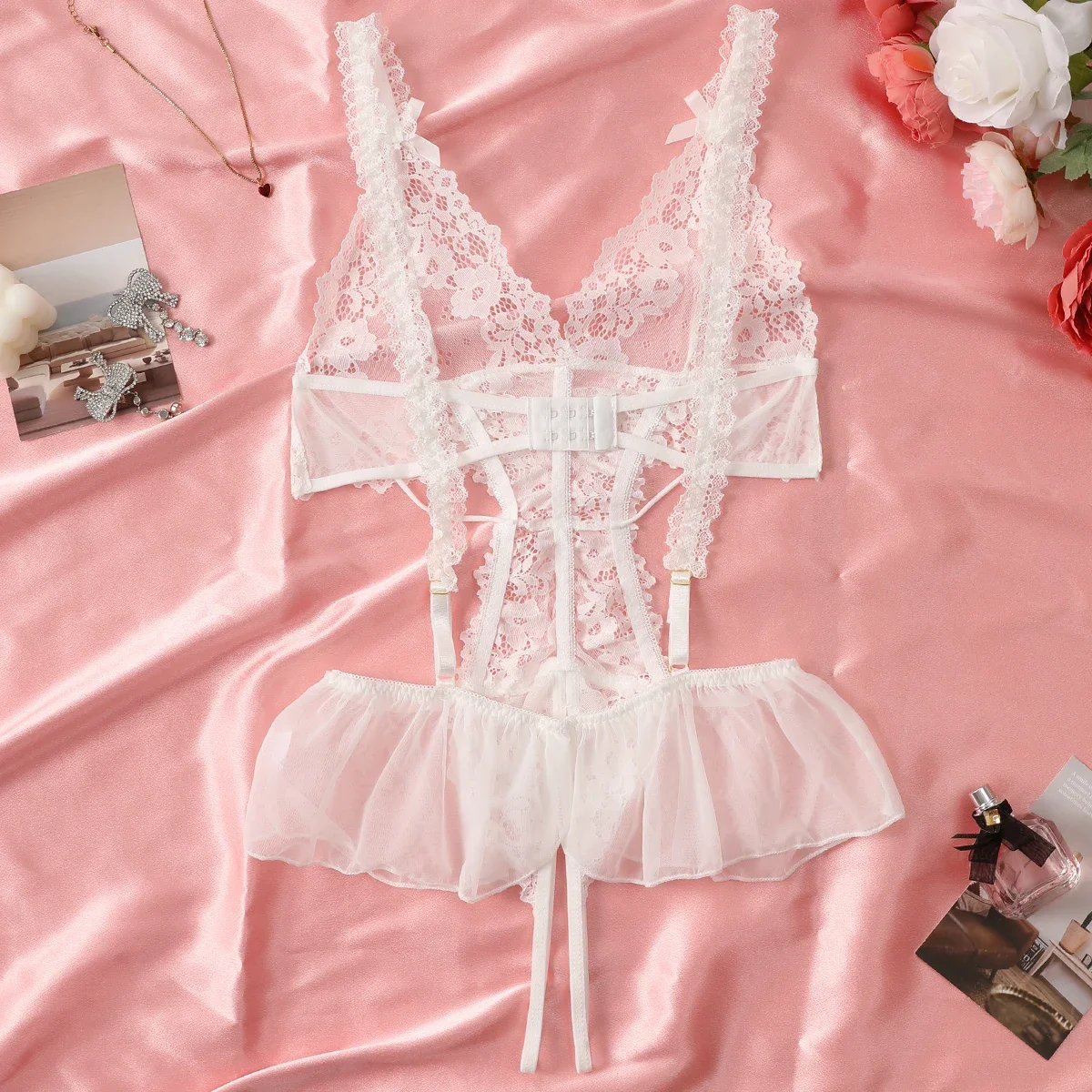 Sexy Crotchless Lingerie Women Lace Hollow Floral Bodysuit Exotic Pajamas Teddy Babydoll Dress Deep V Open Bra Underwear Set