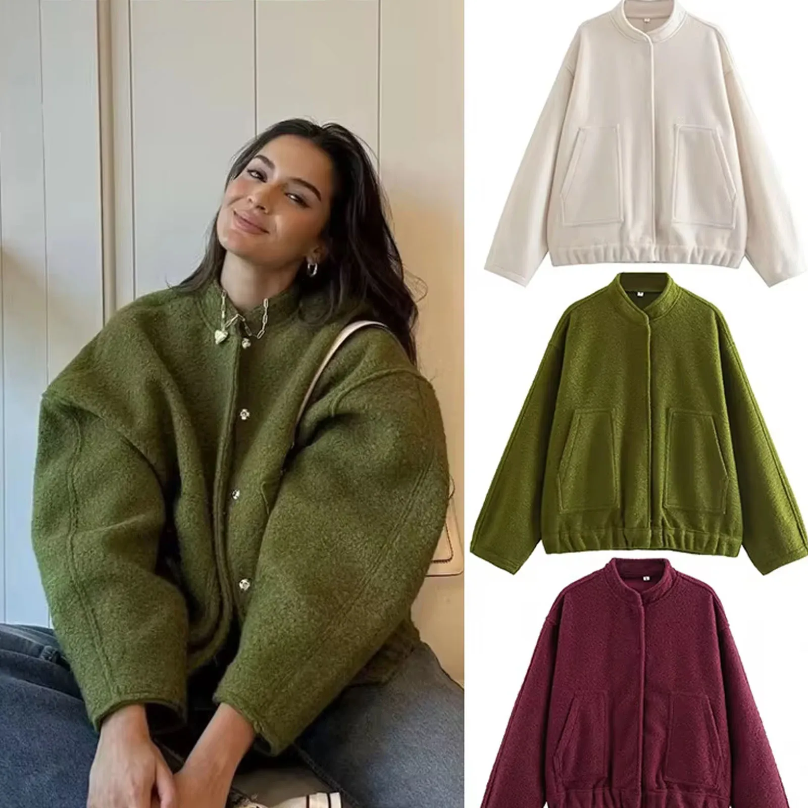 2025 Dames Lamswollen Bontjas Herfst Winter Effen Groen 2 Zakken Knoppen Dikker Crop Jas Vrouwelijke Casual Losse Straat