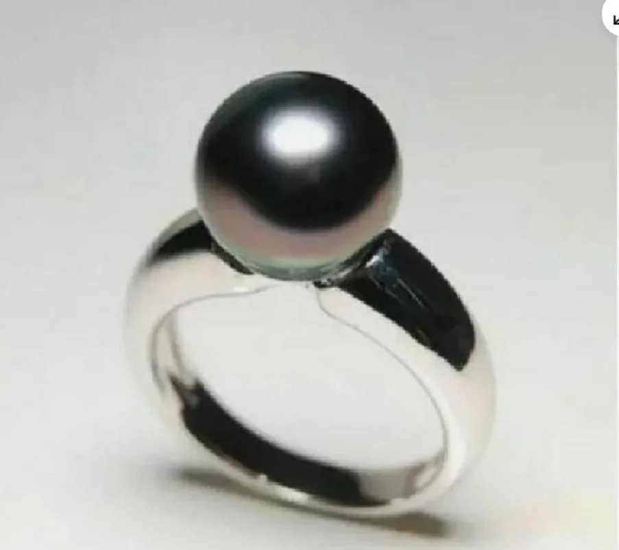 

New Perfect AAA+9.5mm Genuine Natural Round Tahitian Black Pearl Ring Size 8+Box