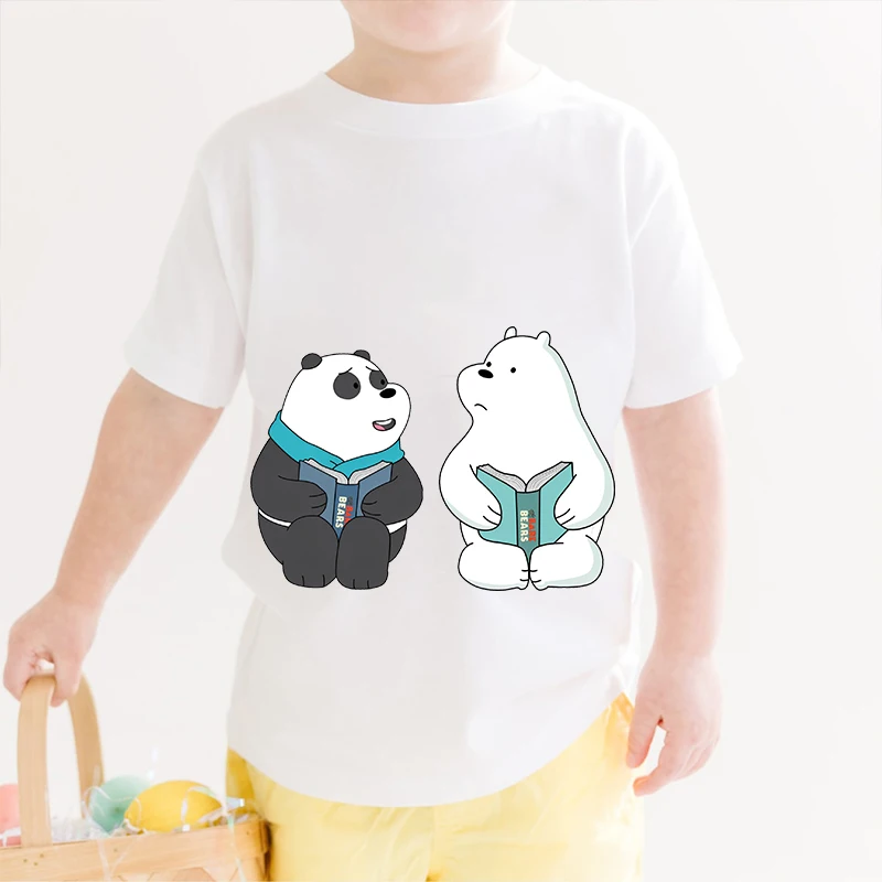 T-shirt dziecięcy z nadrukiem We Bare Bears Letni dziecięcy bawełniany biały top z krótkim rękawem, odpowiedni dla chłopców i dziewcząt