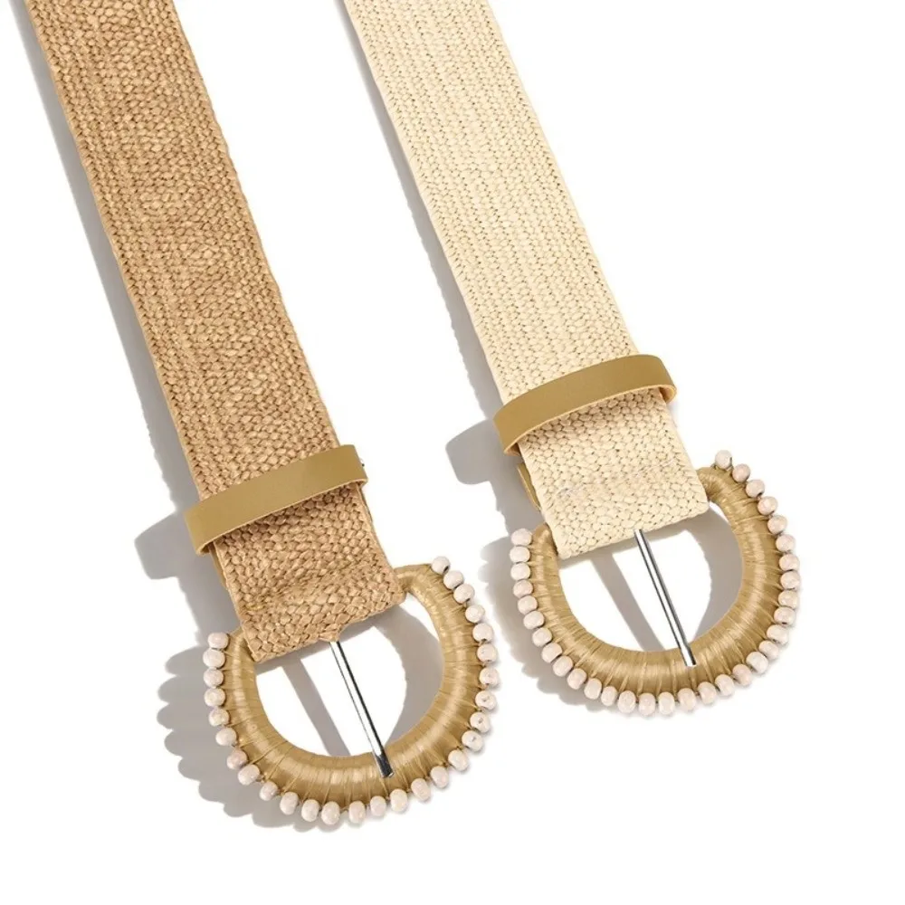 Retro Braided Elastic Belt Faux Pearl Decor Bohemian Style Woven Elastic Belt Adjustable Durable Needle Buckle Belt for Women