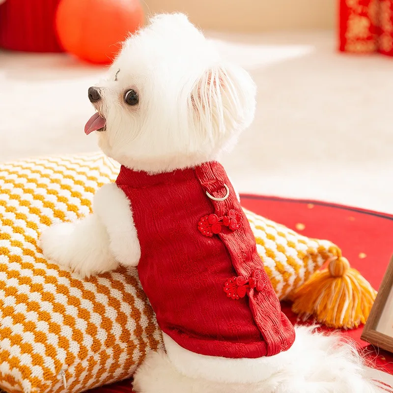 Bichon Traction Vest Pet Winter Warm Clothes Puppy Warm Cotton Coat Chinese Style Lucky Flower Plate Button Teddy Tang Clothes