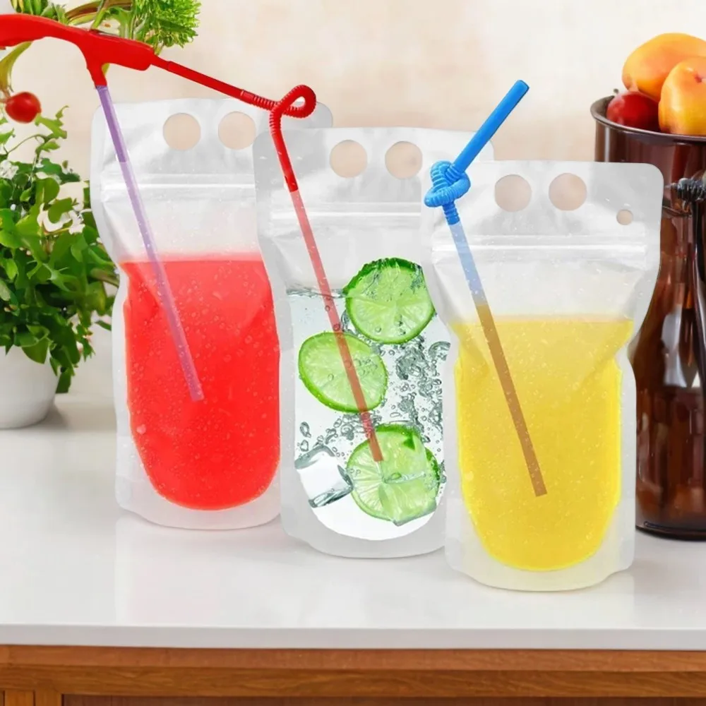 Reusable Magic Drink Pouches with Resealable Ice Smoothie Bags - Convenient and Portable Juice Pouches with Drinking Straws for