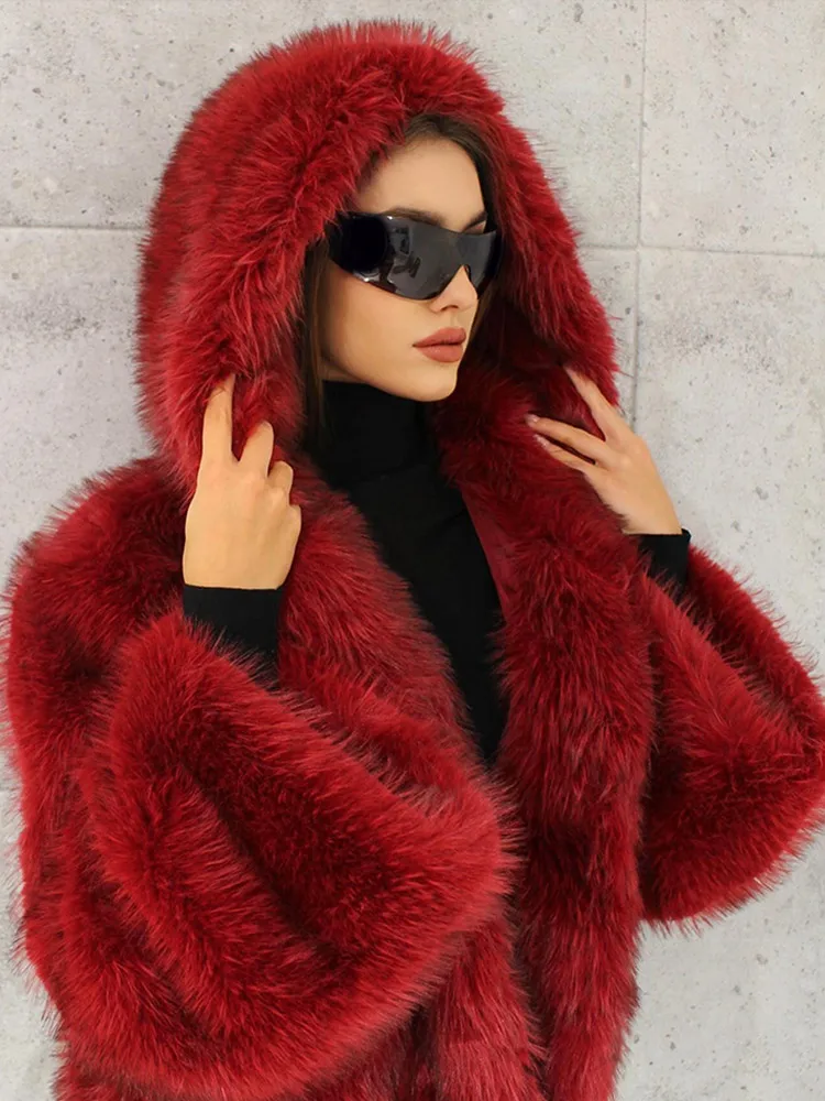 Red Smooth Hooded Fluffy Faux Fur Women Fasion Turn-down Collar Jacket Coat Winter Warm  Casual Commute High Street Outerwear