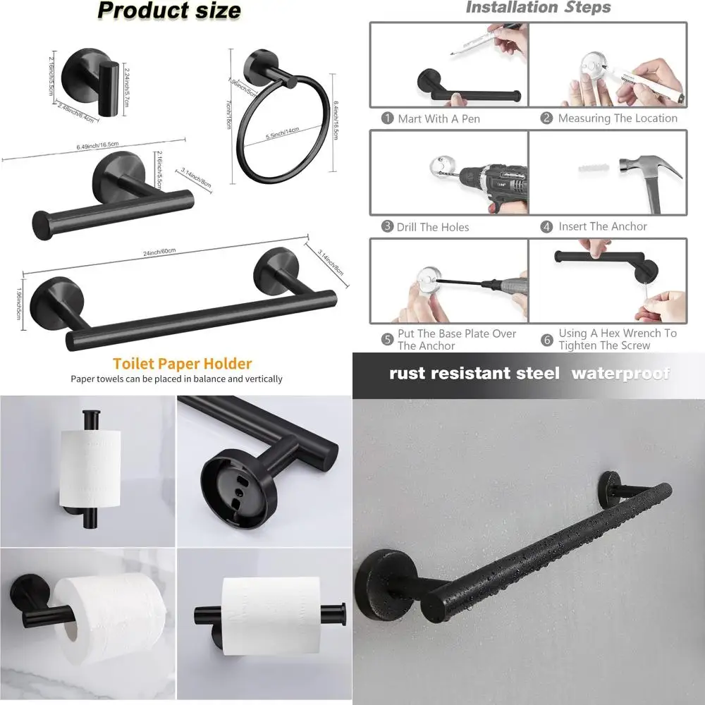 مجموعة ملحقات الحمام 24 باللون الأسود غير اللامع: شريط المناشف، حامل ورق المرحاض، خطاف الرداء، مصنوع من الفولاذ المقاوم للصدأ SUS304 #1