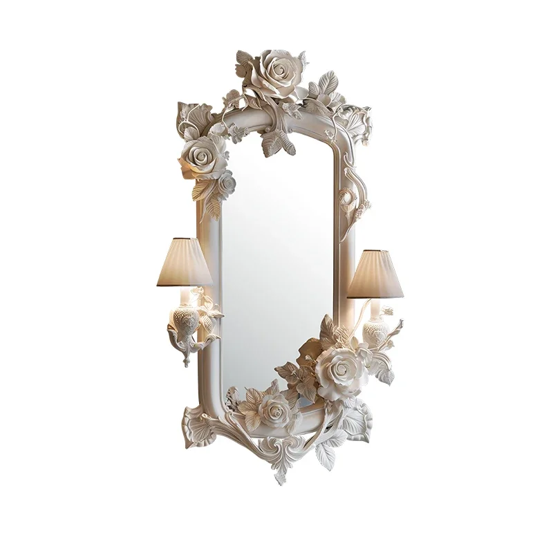 Espejo de busto tallado francés, chimenea europea para sala de estar, espejo decorativo, espejo de maquillaje para salón de belleza con lámpara