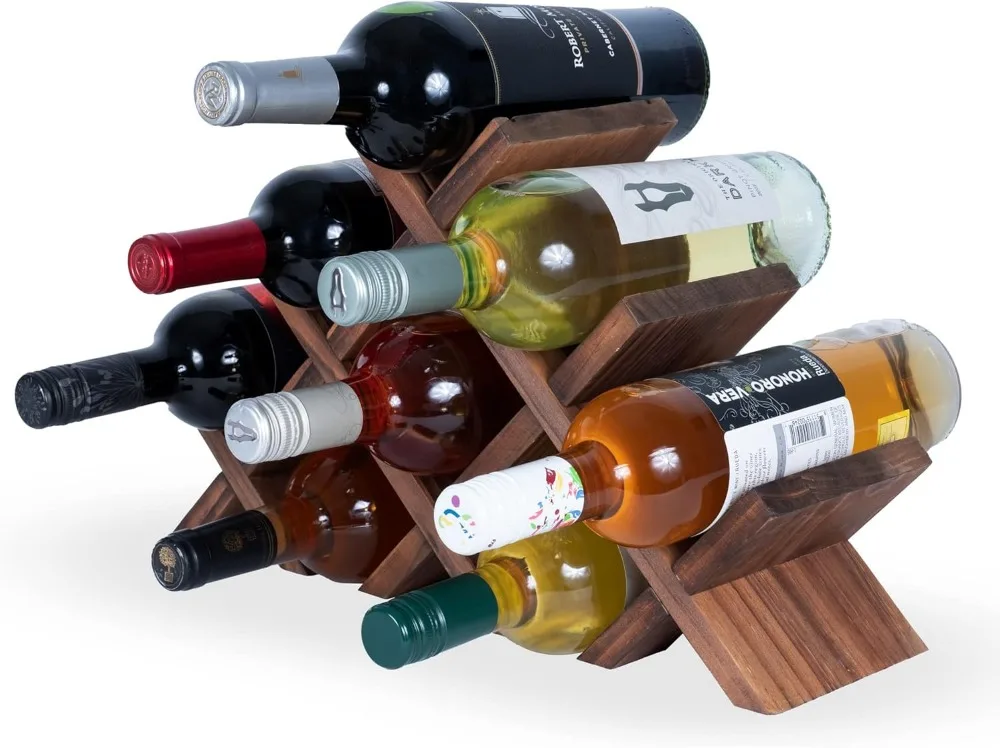 Rustic Wood Wine Rack for 8 Bottles with Cork Storage, Freestanding Tabletop Organizer in Walnut Finish