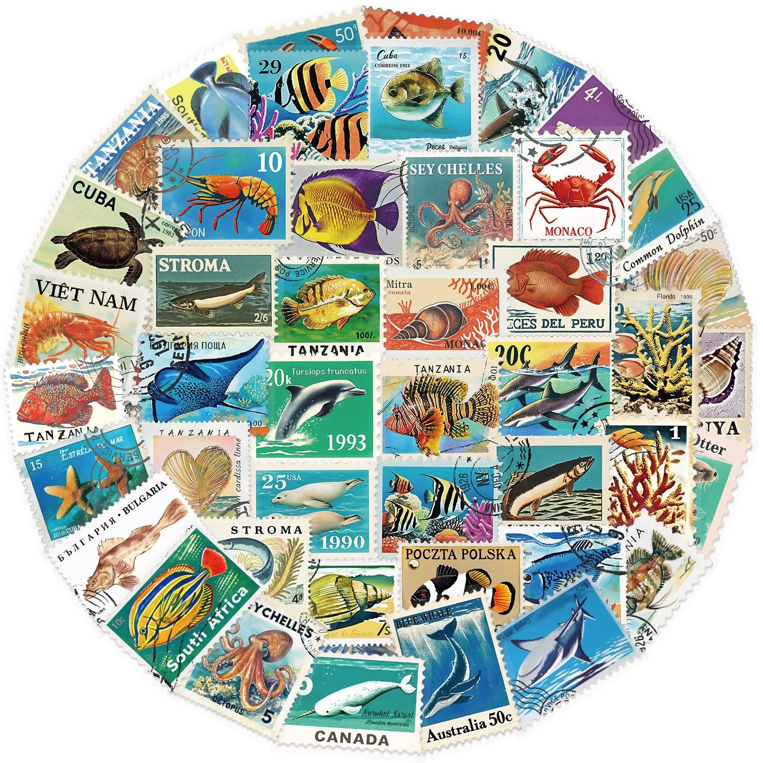 50Pcs Retro Marine Life Animals Stamp Stickers Cartoon Vintage Art Decals Suitcase Phone Laptop Guitar Sticker Decoration