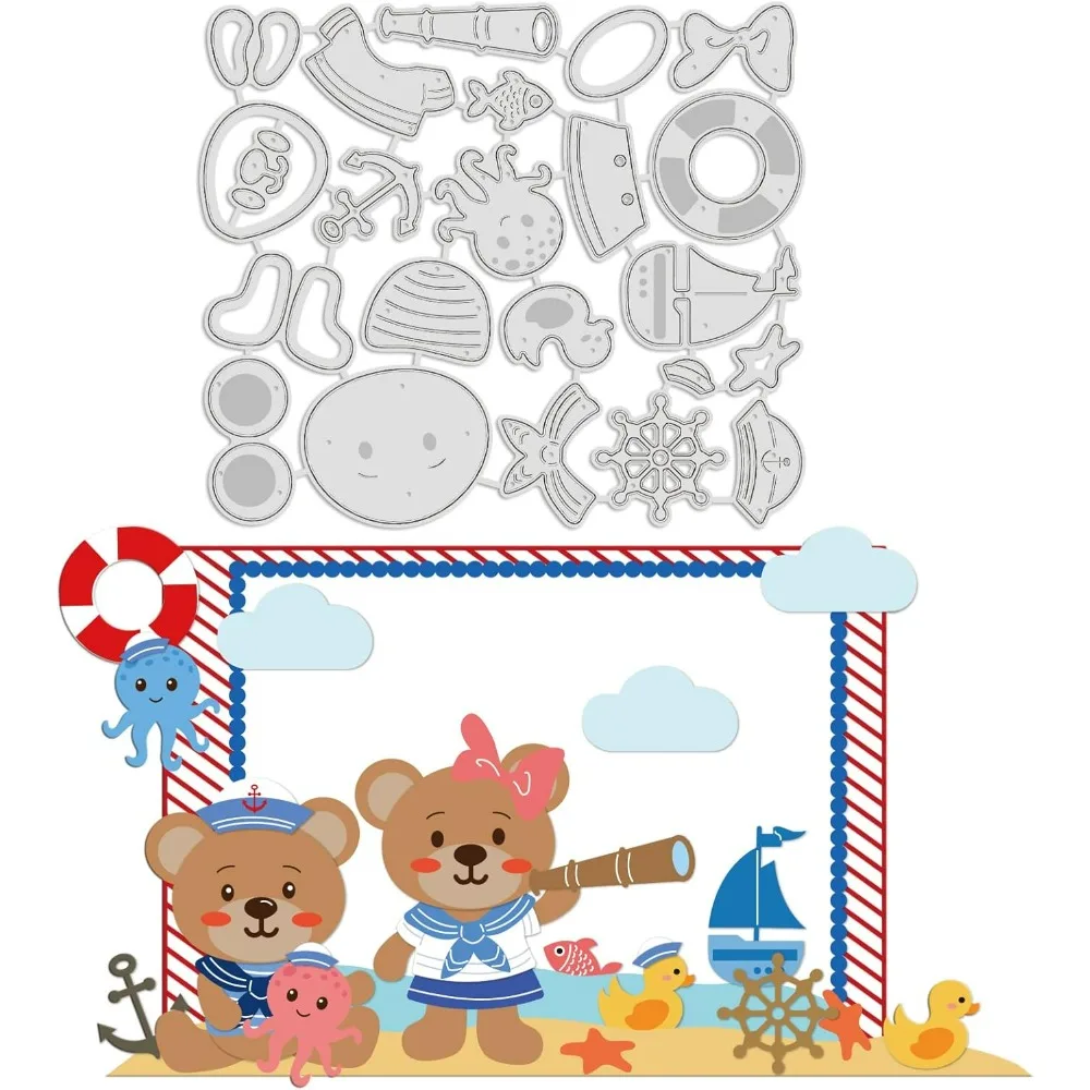 1 Blatt Tier- und Matrosenbär-Stanzformen, Boot- und Fischprägevorlage, Oktopus- und Teleskop-Stanzformen für Karten-Scrapbooking