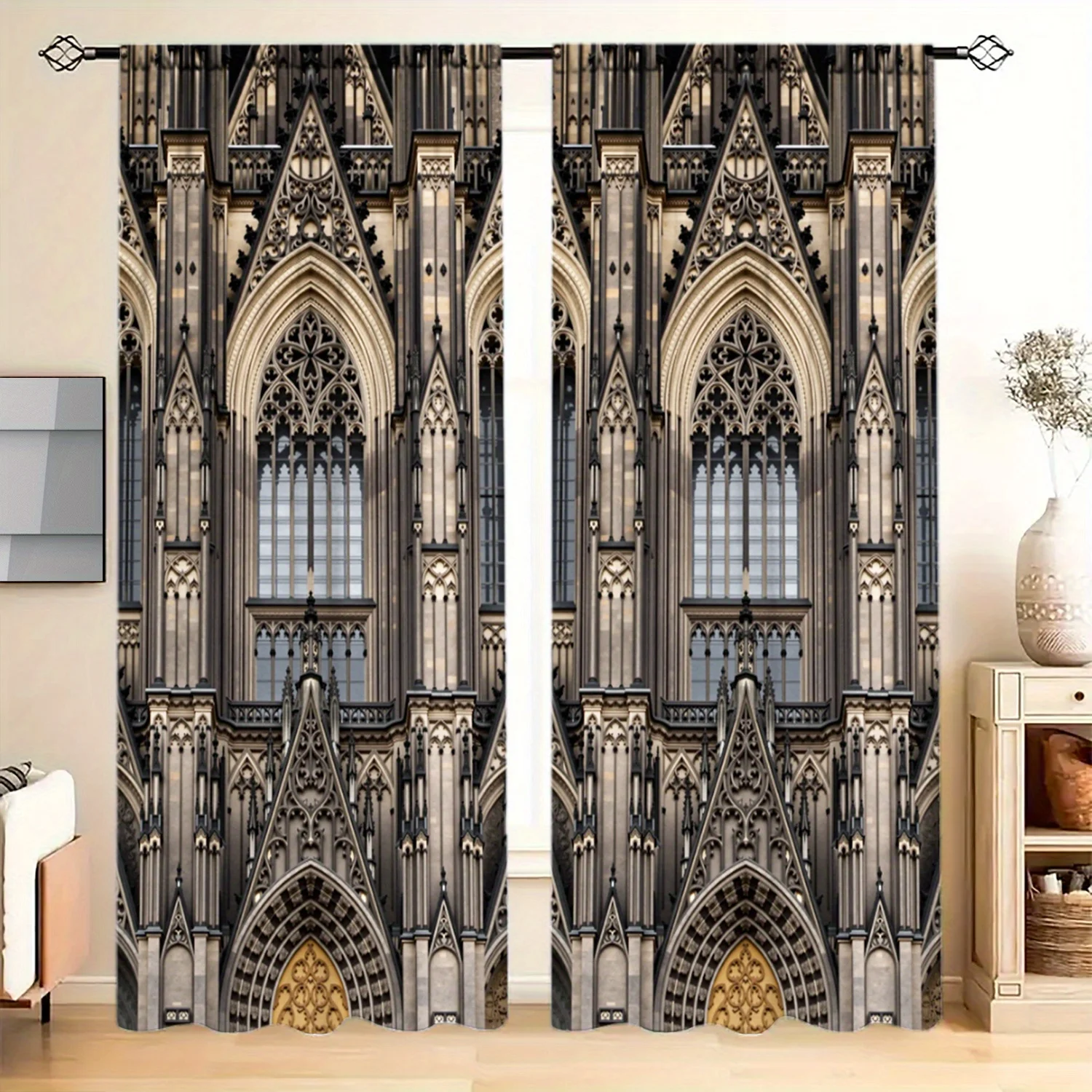 Gothic Cathedral Curtains, Historic Church Facade Print Blackout Drapes, European Architecture Decor for Living Room Bedroom