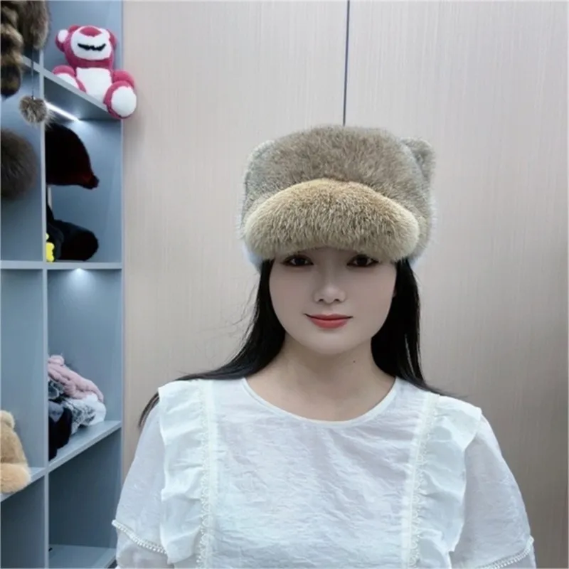 

Real rabbit fur hat cat ear round top for shopping thick genuine rabbit fur warm women winter and autumn baseball cap