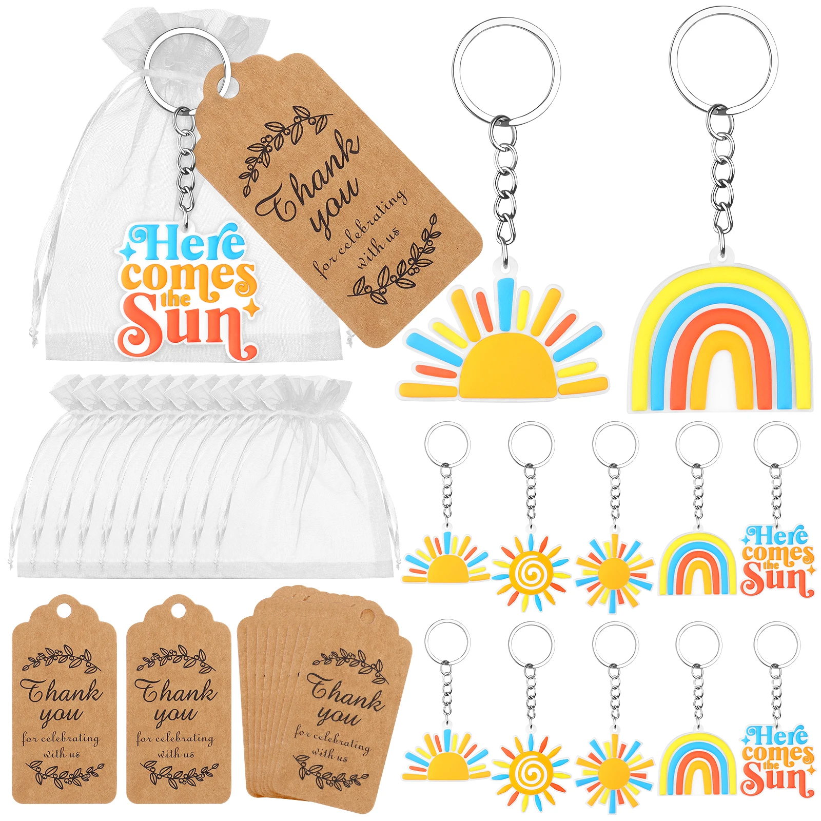

150Pcs Here Comes The Sun Baby Shower Party Favors Rainbow Sun Keychains With Thank You Tags And Organza Bags, Boho Sunshine The