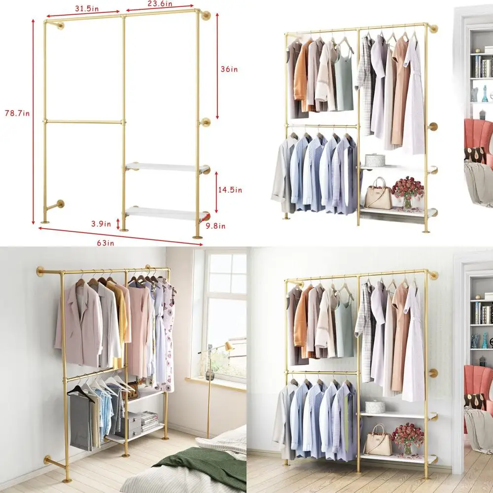 

Настенная вешалка для одежды в индустриальном стиле с золотыми трубами, белыми полками и двойными перекладинами, сверхпрочная, для хранения вещей в спальне