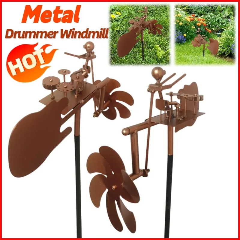 

Metal Drummer Windmill Statue Wind Power Rock Art Statue Percussionist Music Figurines for Garden Yard Patio Lawn Porch Decor