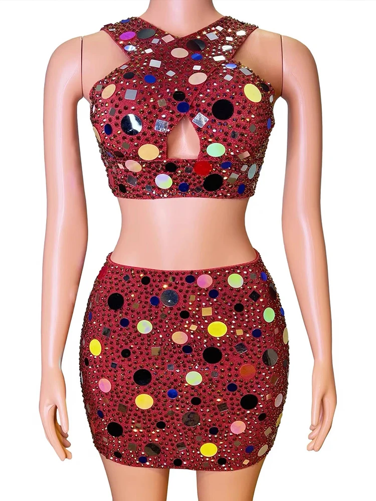 

High Quality Rhinestone Sequin Sexy Chest Hugging Vest+Half Skirt Two-Piece Set 2025 New Fashionable Custom Women'S Clothing