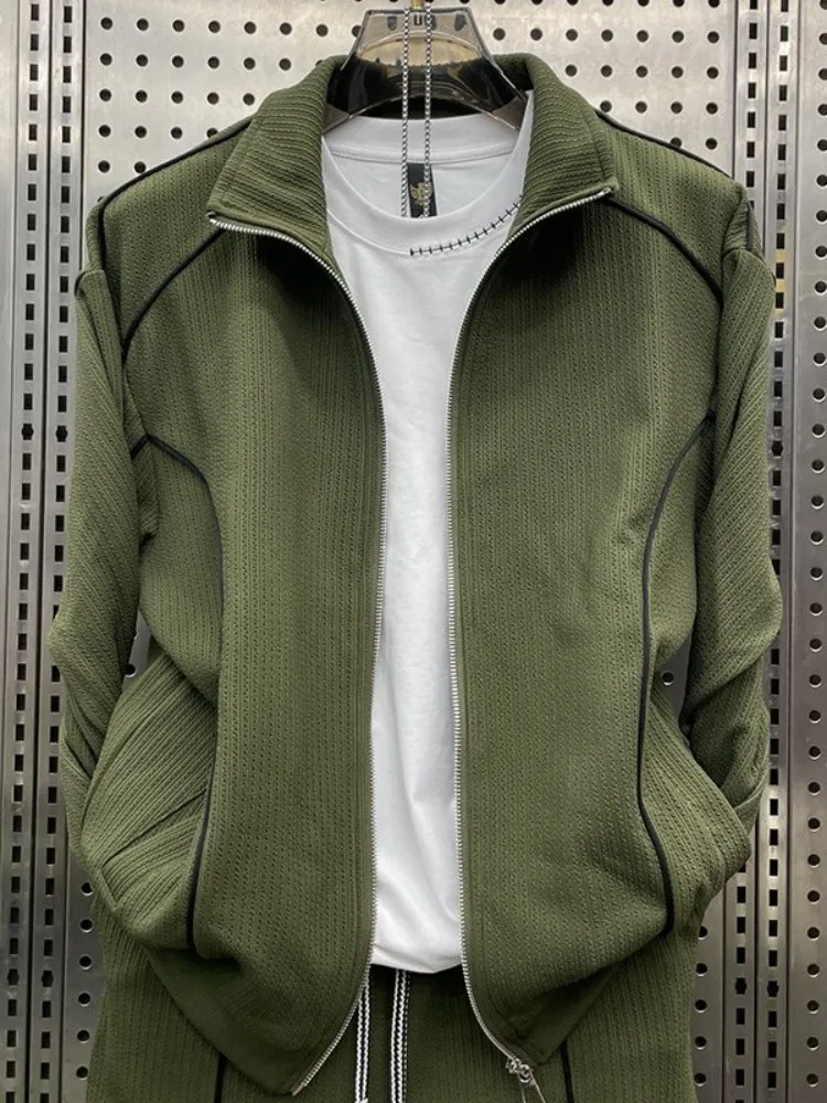 Mens Autumn Winter Rinning Sportswear Loose Fit Spliced Stand Collar Jacket Sweatpants Two Piece Set Male Streetwear Tracksuit