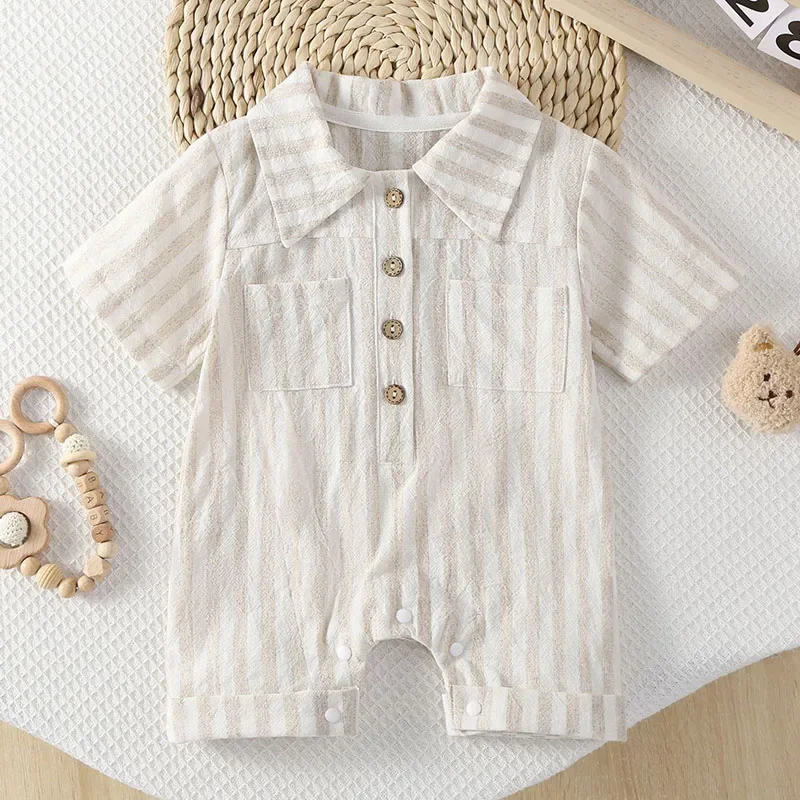 2025 New Summer Toddler Baby Boys Girls Jumpsuit Short Sleeved Cotton Stripe Newborn Baby Girls Romper 0-24M Children Clothes