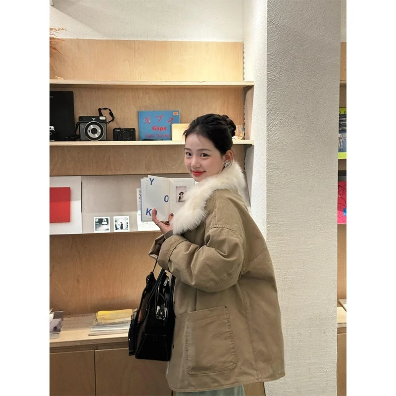 Women's Loose Parka Coat Warm Cotton Jacket American Style Big Fur Collar Workwear Winter Fashion Outerwear Ladies Coat