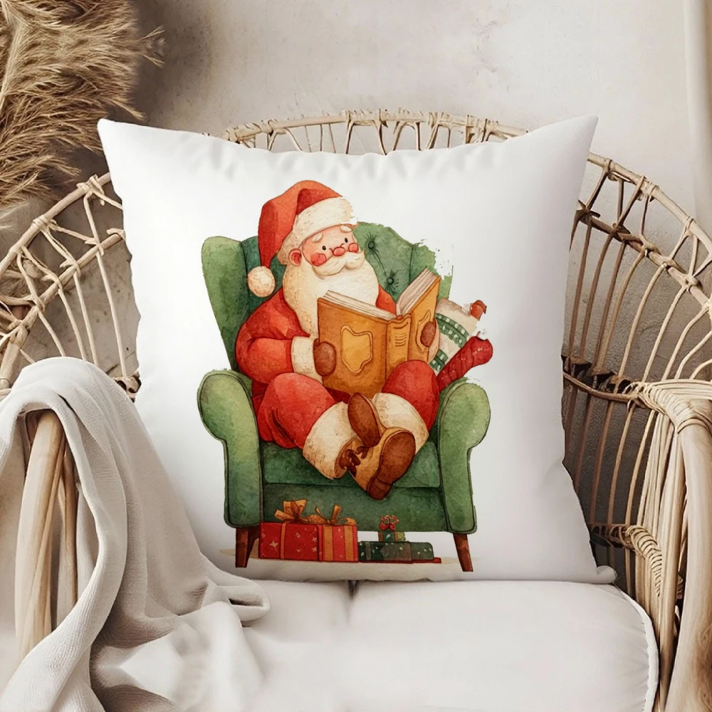 Square Throw Pillow Case White Santa Claus Reading Book In Green Armchair With Gifts Christmas Home Decor Sofa Cushion Cover