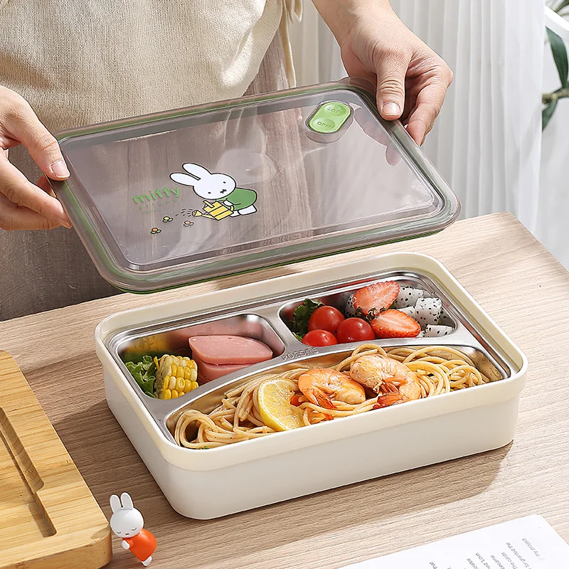 Miffy Kawaii Anime Cartoon Rabbit 304 Stainless Steel Dinner Plate Heating Student Office Workers Canteen Lunch Box with Lid