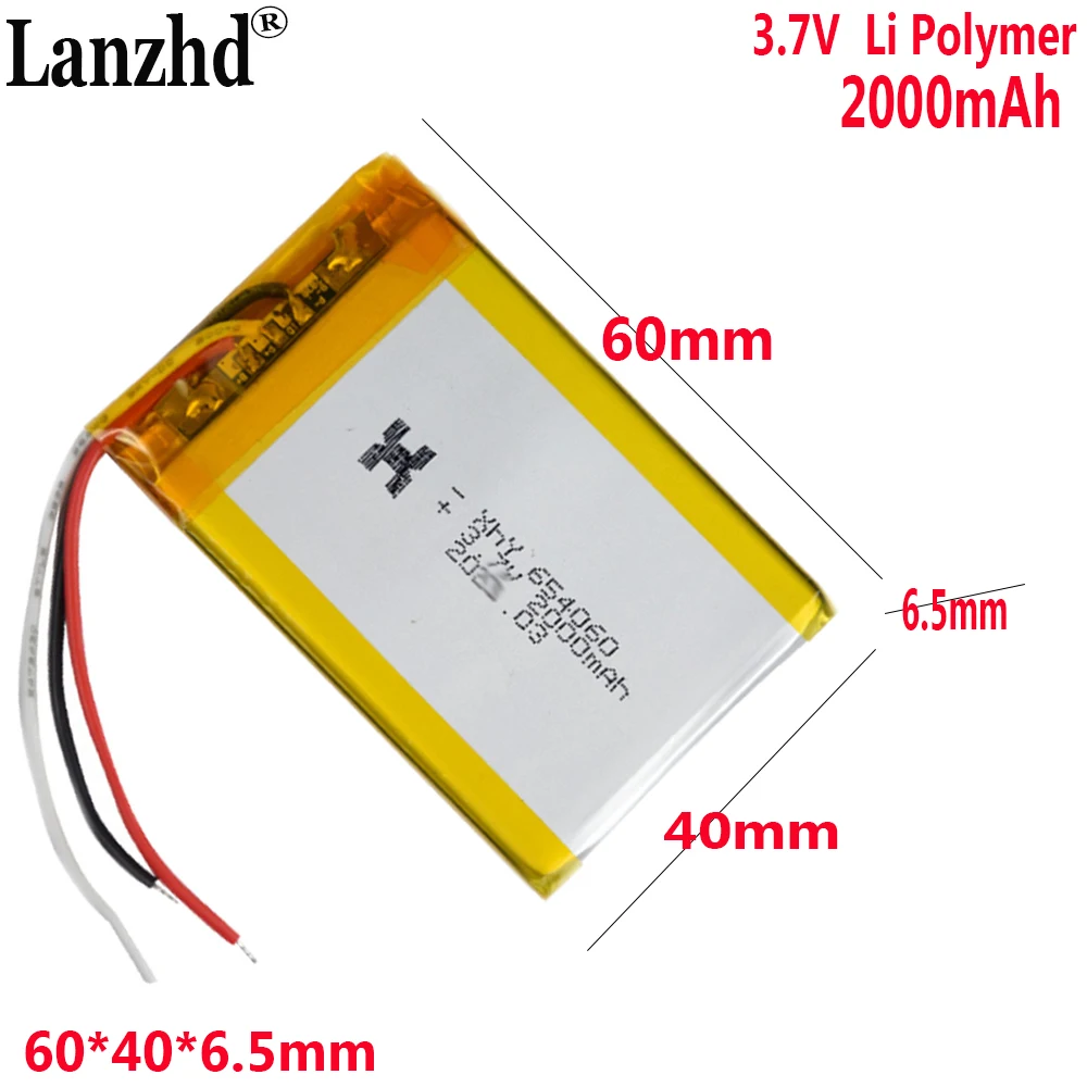 3.7V Li Polymer Battery 2000mah For audio lighting electric toy power bank Tablet PC PAD PDA Laptop speaker recorder 654060