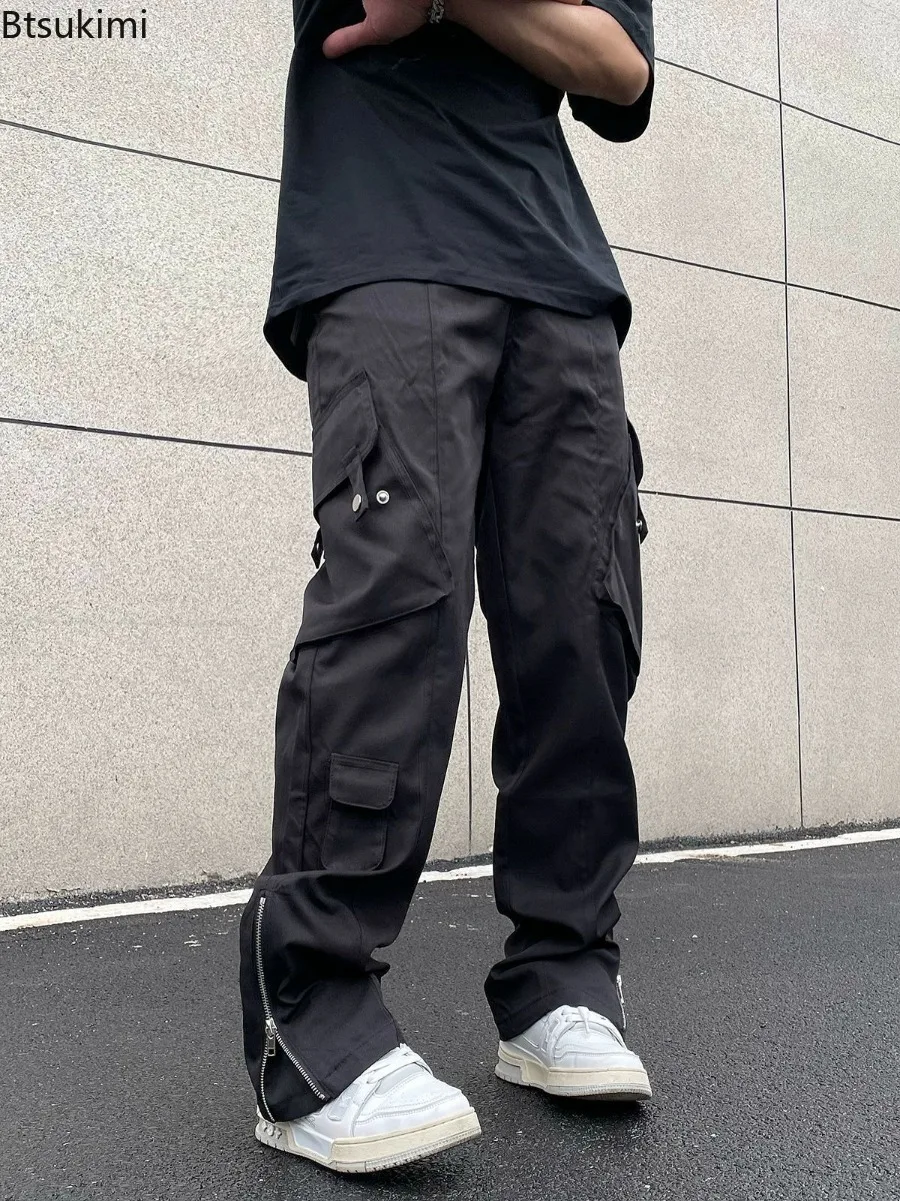 2025 Men's Zipper Loose-fit Straight-leg Casual Trousers American Style High Street Vibe Zip-up Cargo Pants Same Gender Design