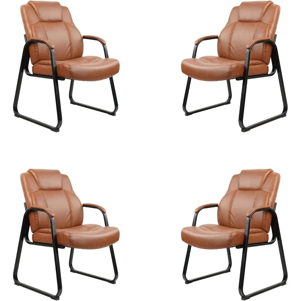 

Leather Sled Base Chairs with Padded Armrests for Waiting Rooms, Home, and Conferences, Brown, Set of 4