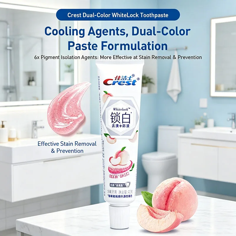 

Crest YGSB40 Whitening Toothpaste Two Tone Flowing White Peach Flavor To Remove Tooth Stains Refreshing Breath Brightening Teeth