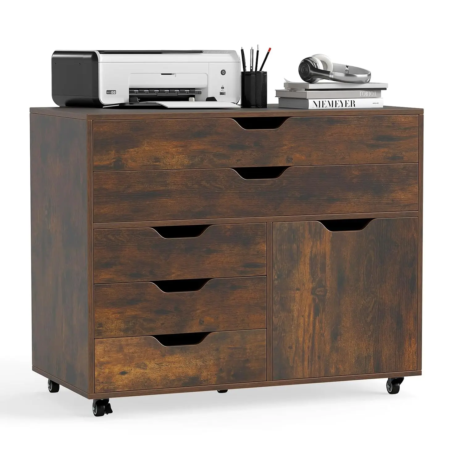 5-Drawer Mobile Lateral File Cabinet w/Door & 5 Wheels, Rolling Wood Storage Cabinet for Home Office & Living Room, Customized