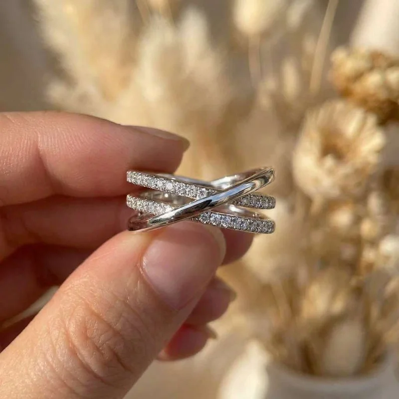 925 Sterling Silver Fashion Cross Line Inlaid Zircon Ring Lady Trendy Party Jewelry Stylish Daily Accessories for Women Gift