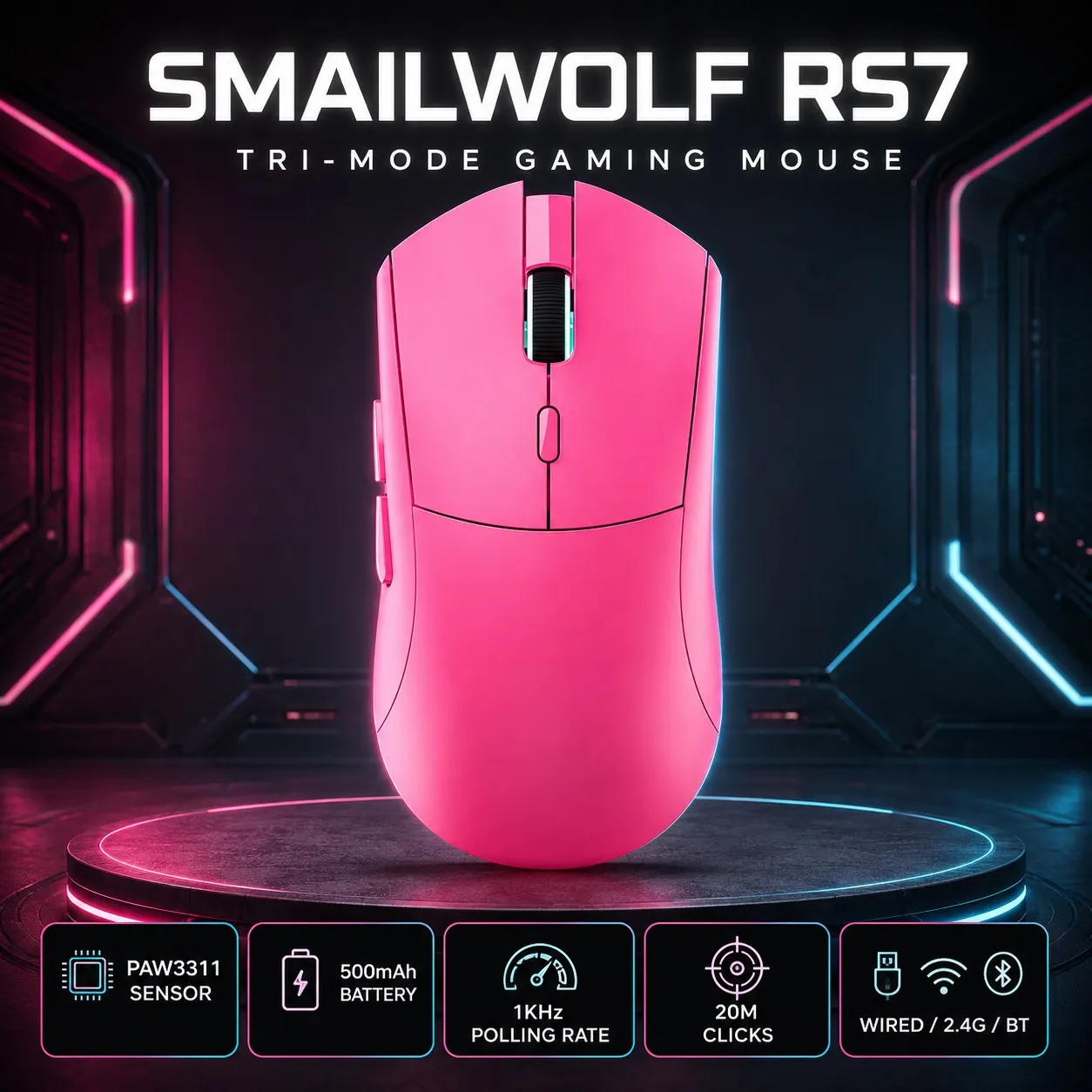 SMAILWOLF RS7 Tri-Mode Gaming Mouse, PAW3311 Sensor, Bluetooth 5.1, 2.4GHz, USB-C Wired, 500mAh Battery, 1000Hz Polling Rate