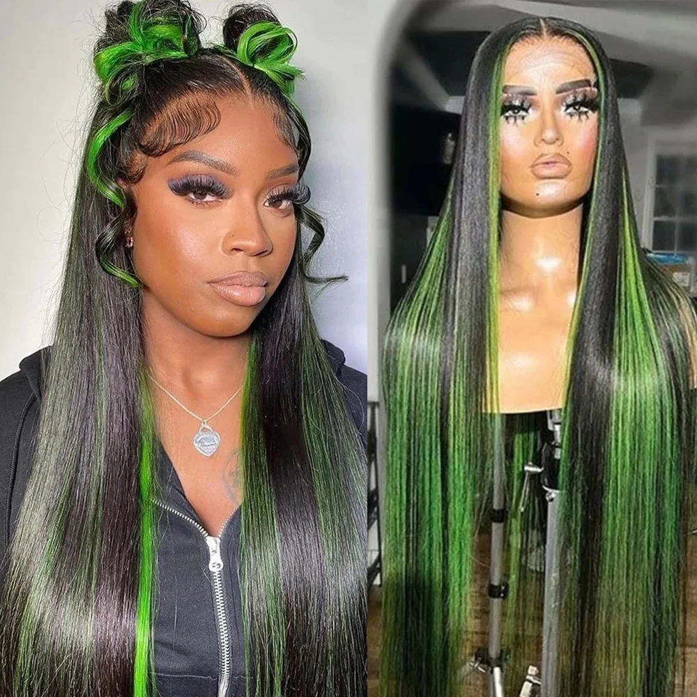 

13x4 Ombre Black And Green Straight Lace Frontal Wigs Pre Plucked Glueless 1B/Green Synthetic Lace Front Wig Cosplay