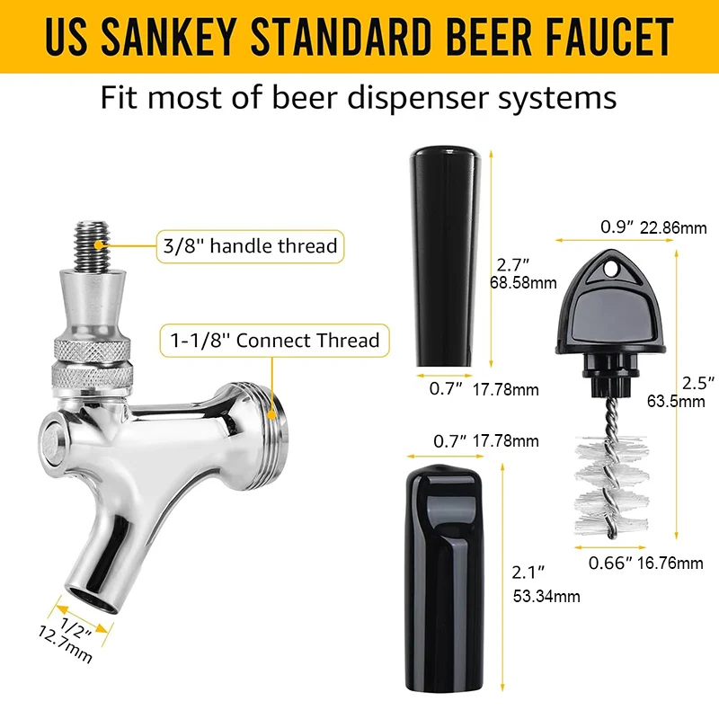 Draft Beer Tap Stainless Steel Core Keg Faucet Commercial Kegerator Tap for Beer Dispenser with Beer Tap Handle & Tap Plug